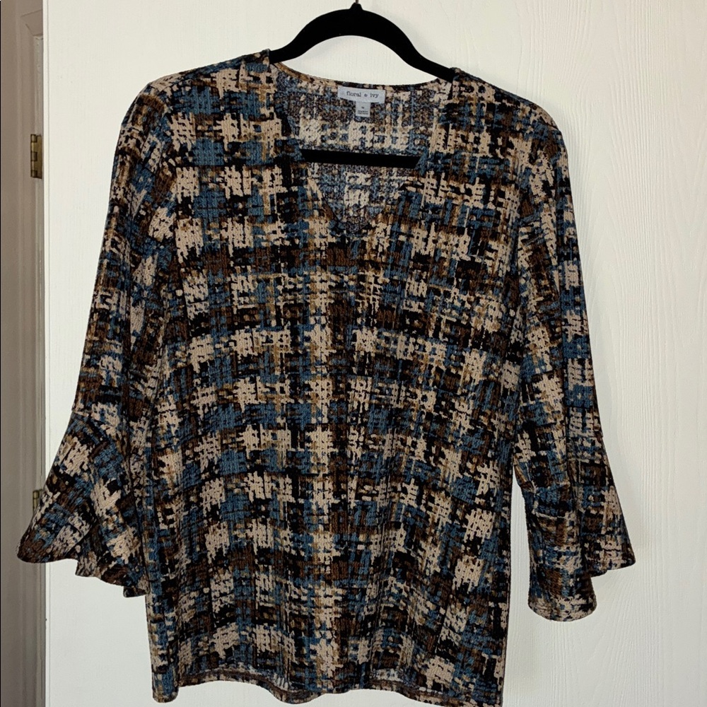 Floral & Ivy V-Neck Houndstooth Pattern Blouse Size Medium